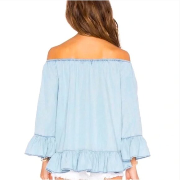 Ruffled Chambray Blouse Top Light Blue Boho Peasant Off Shoulder Size Small - Picture 2 of 14